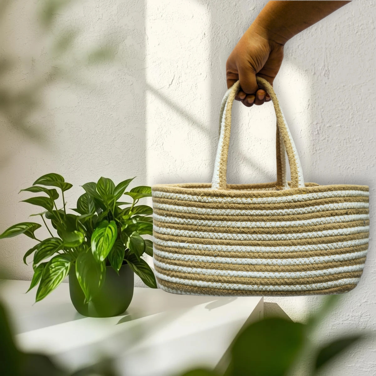 Spiral Beige & White Boho Basket - Image 2